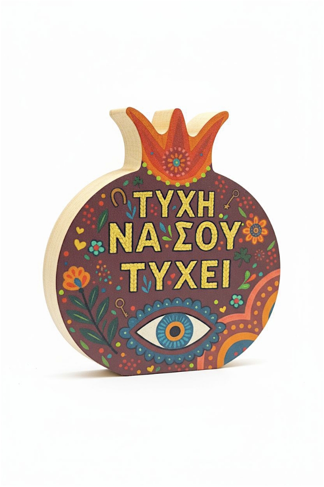 Ξύλινο ρόδι επιτραπέζιο με μάτι Τύχη να σου τύχει