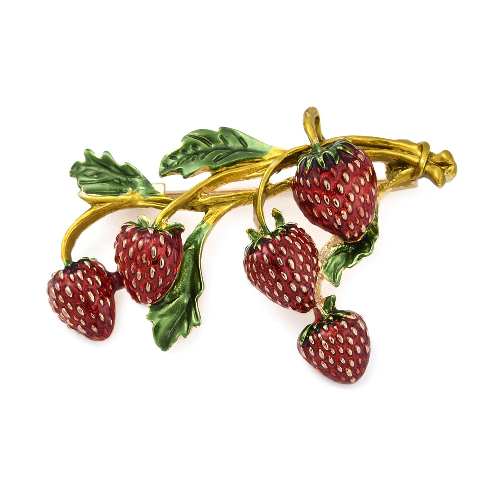 Καρφίτσα κλαδί με φράουλες από σμάλτο σε κόκκινο και πράσινο με χρυσή βάση