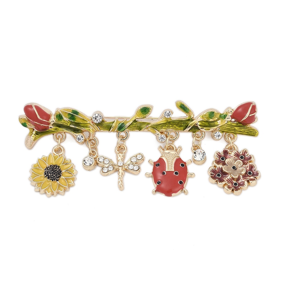 Καρφίτσα κλαδί με κρεμαστά λουλούδια, πασχαλίτσα και λιβελούλα από σμάλτο και στρας