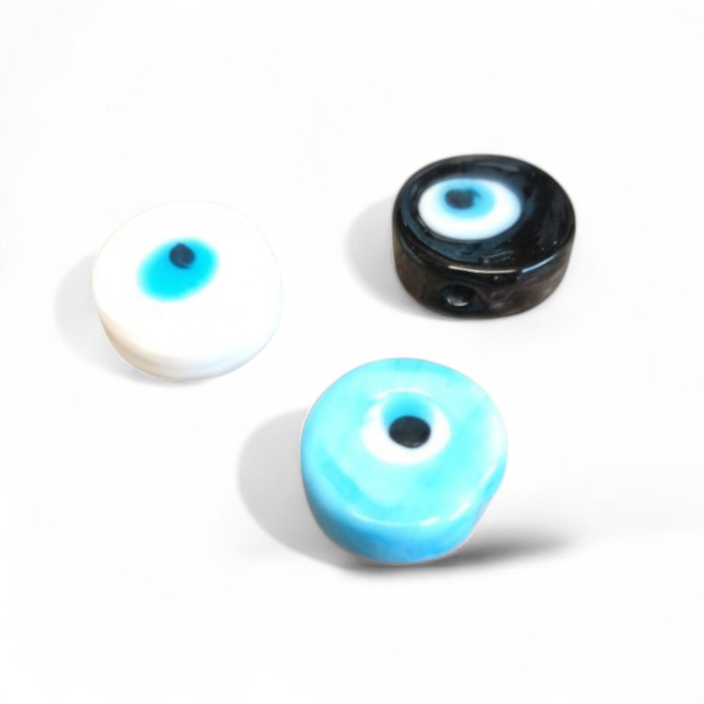 Χάντρες ματάκι γυάλινες επίπεδες στρογγυλές 15-16mm σε άσπρο γαλάζιο και μαύρο