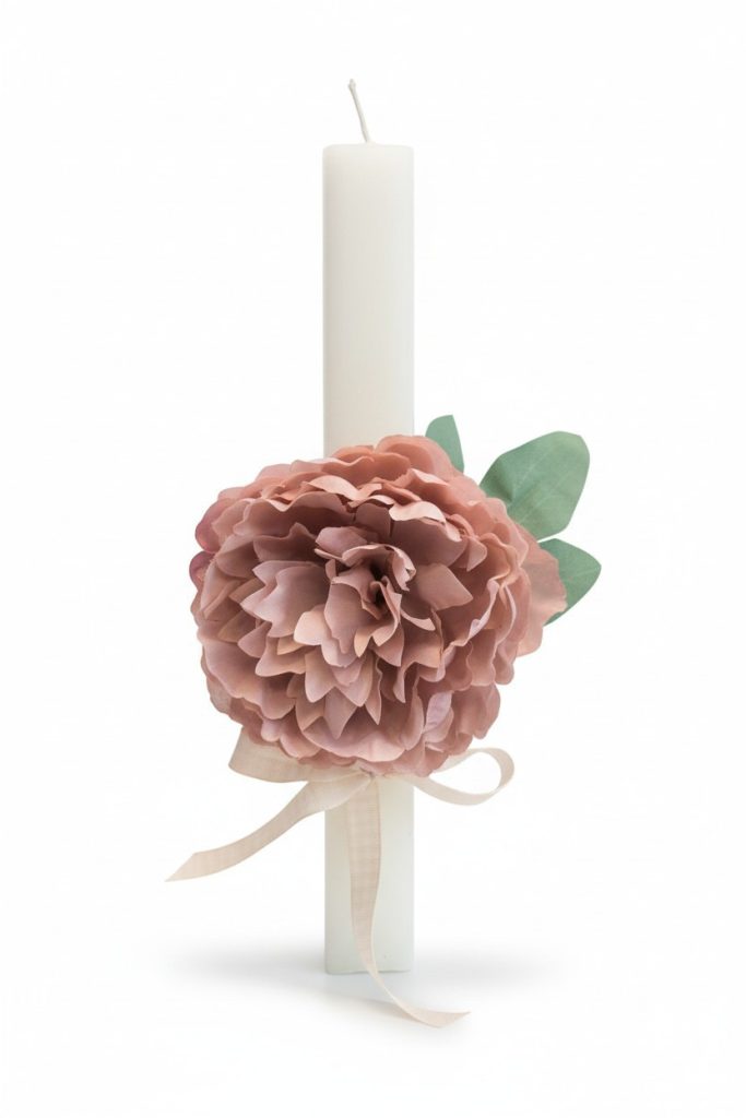 Αρωματική πλακέ πασχαλινή λαμπάδα με μεγάλο διακοσμητικό λουλούδι