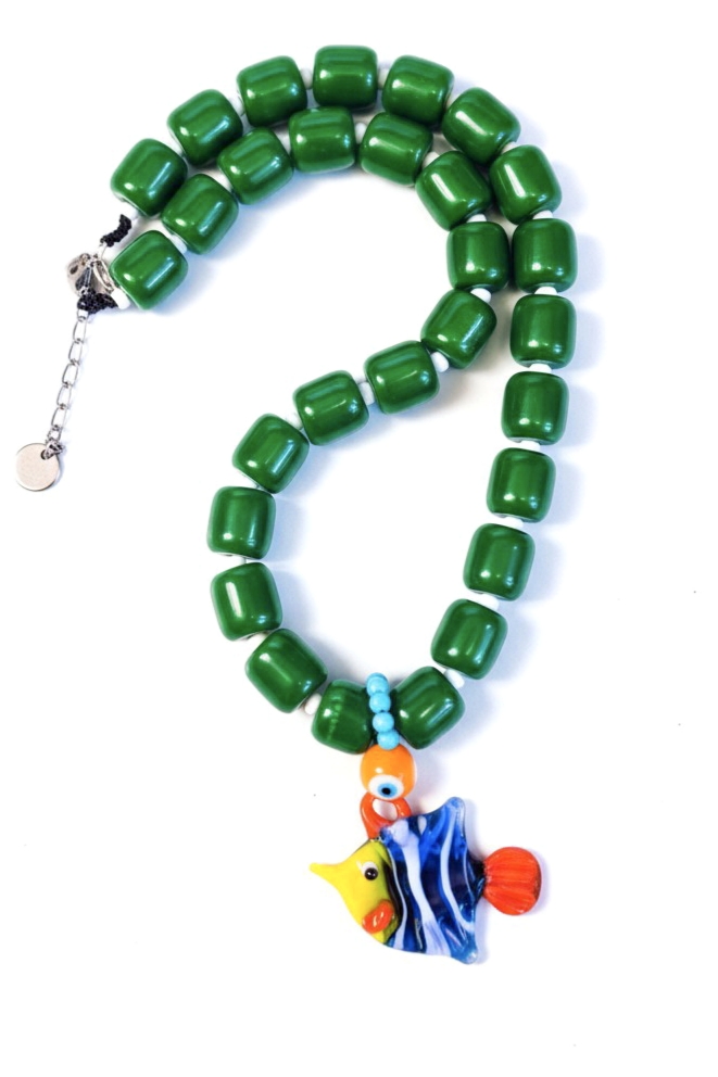 Emerald Ocean Κολιέ με Πράσινες Χάντρες & Ψάρι τύπου Murano 15 Πράσινο κολιέ με ψάρι Murano
