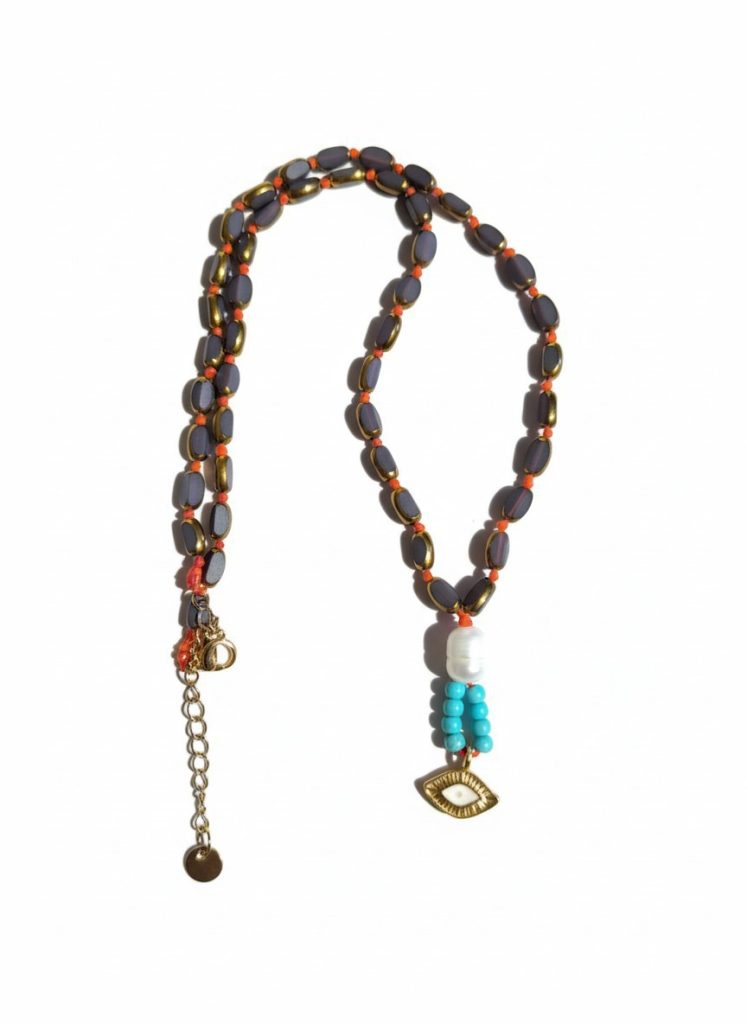 Violet Eye χειροποίητο κολιέ με μωβ χάντρες, rosary κόμπους και επίχρυσο μάτι
