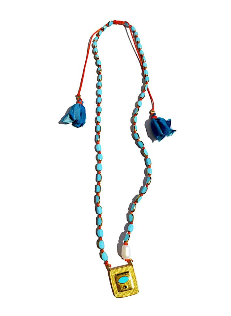 Blue Nomad Boho Κολιέ με Τυρκουάζ Χάντρες & Επίχρυσο Μοτίφ Ματιού