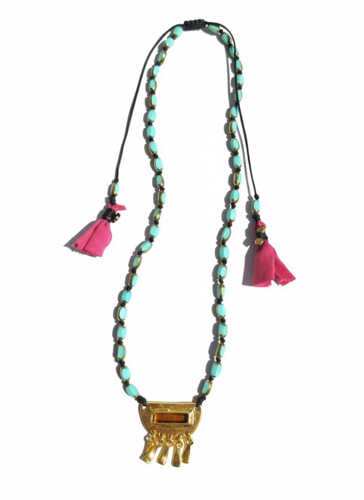 Golden Nomad χειροποίητο κολιέ με τυρκουάζ χάντρες και επίχρυσο στοιχείο