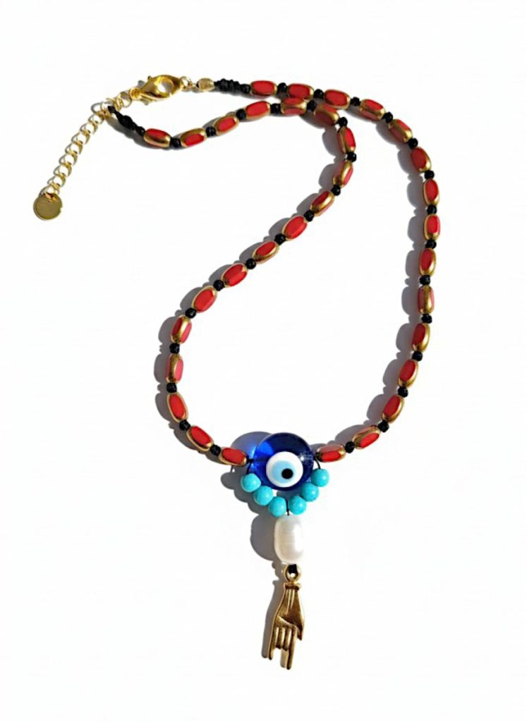Rock Mati χειροποίητο κολιέ με μάτι, rosary κόμπους και επίχρυσο rock hand