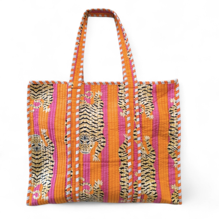 Καπιτονέ Tote Bag Βαμβακερή με Τίγρη & Έντονα Χρώματα – Με Φερμουάρ & Εσωτερική Τσέπη