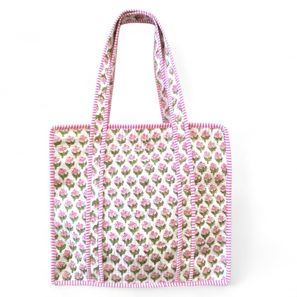 Καπιτονέ Tote Bag Βαμβακερή με Floral Μοτίβο Ροζ – Με Φερμουάρ & Εσωτερική Τσέπη