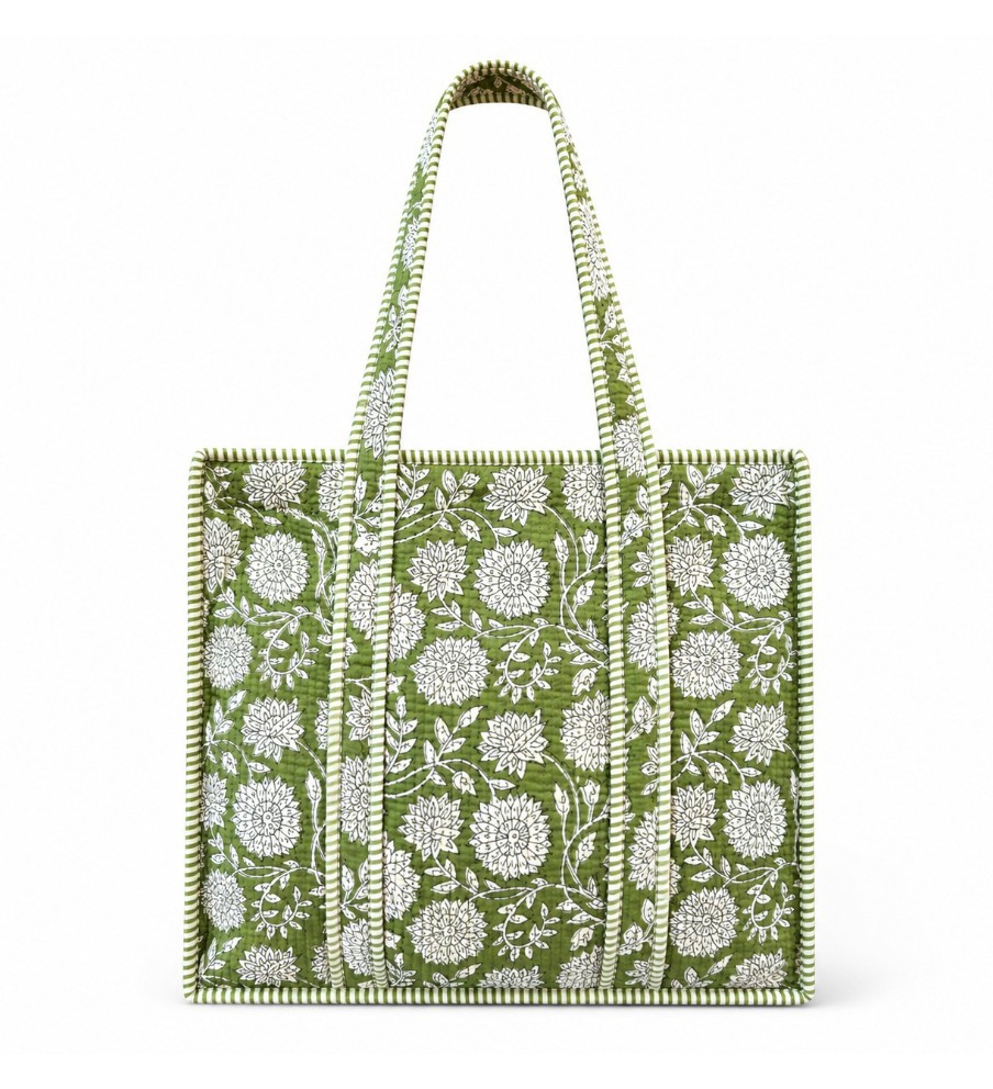 Καπιτονέ Tote Bag Βαμβακερή Πράσινη Floral – Με Φερμουάρ & Εσωτερική Τσέπη
