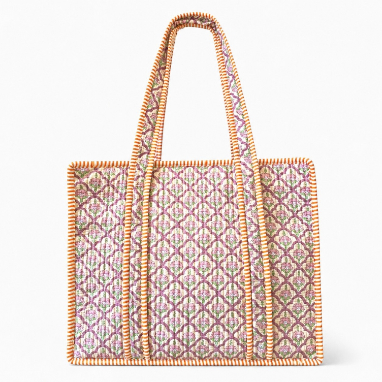Καπιτονέ Tote Bag Βαμβακερή Ροζ-Πορτοκαλί Floral Pattern – Με Φερμουάρ & Εσωτερική Τσέπη